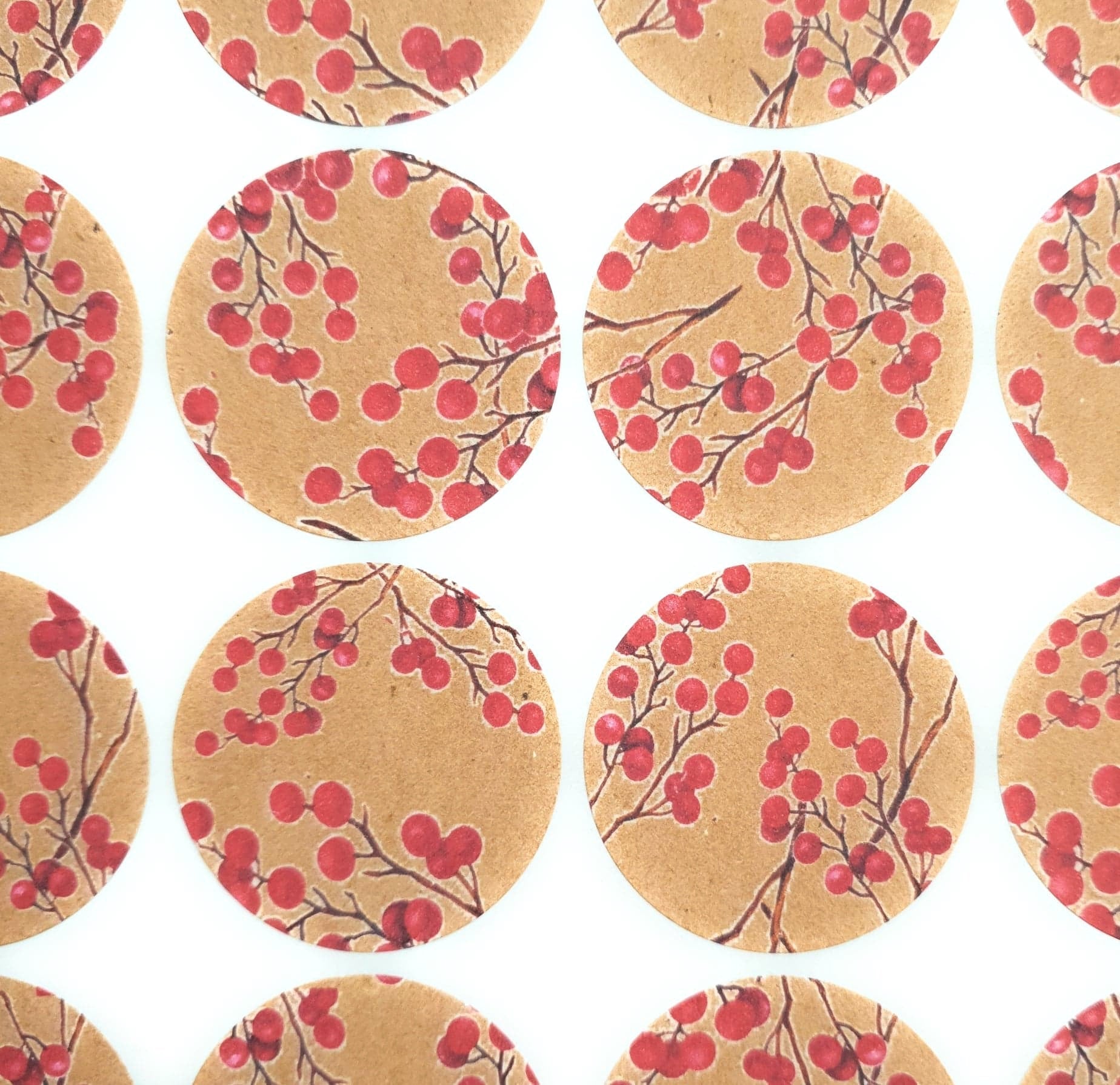 Recyclable & Biodegradable Christmas Stickers for Gift Wrapping, Kraft Brown & Red Berries - Set of 105 Front