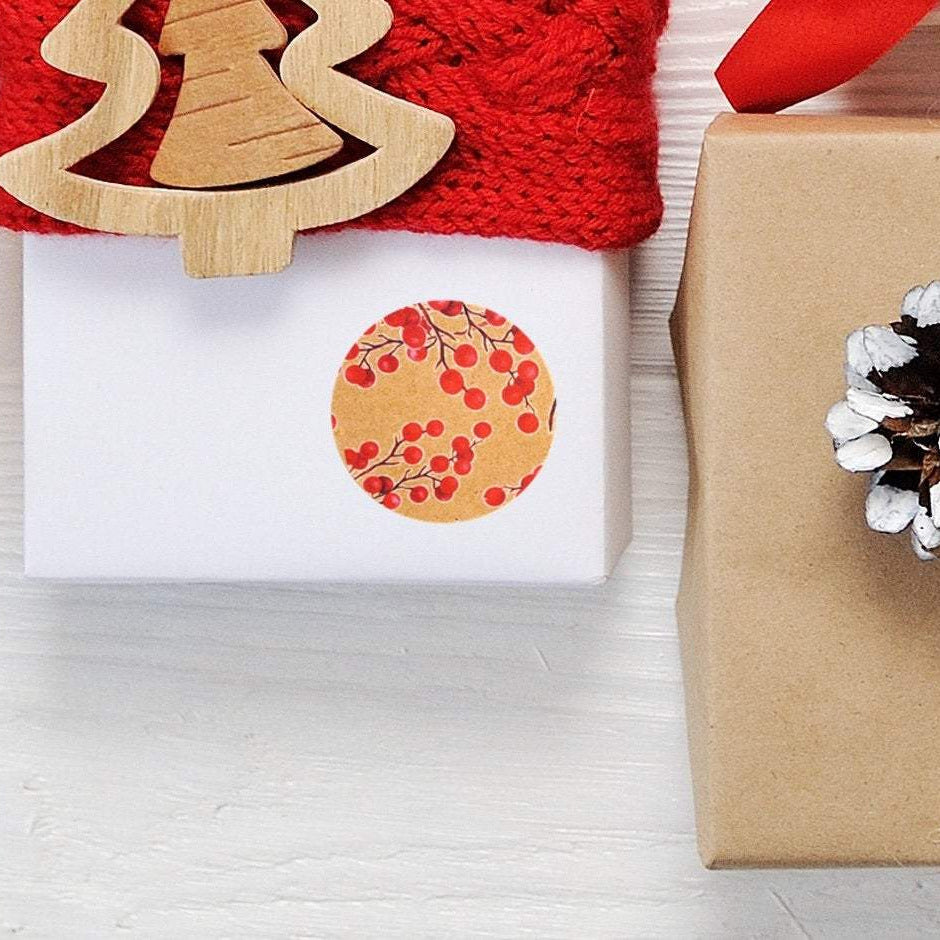 Recyclable & Biodegradable Christmas Stickers for Gift Wrapping, Kraft Brown & Red Berries - Set of 105 Main