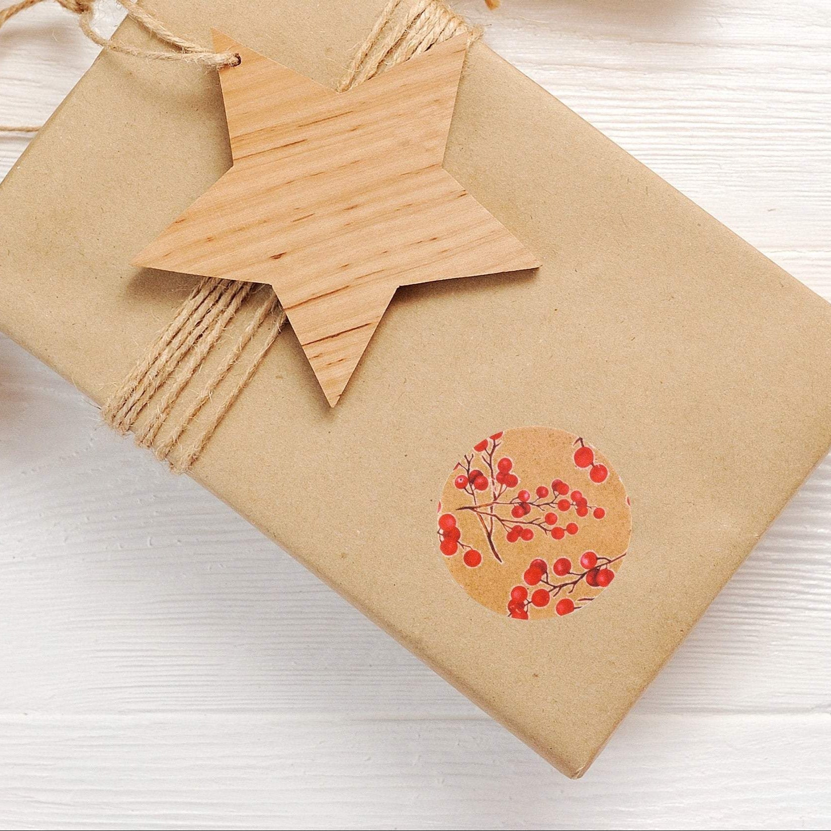 Recyclable & Biodegradable Christmas Stickers for Gift Wrapping, Kraft Brown & Red Berries - Set of 105 Alternate