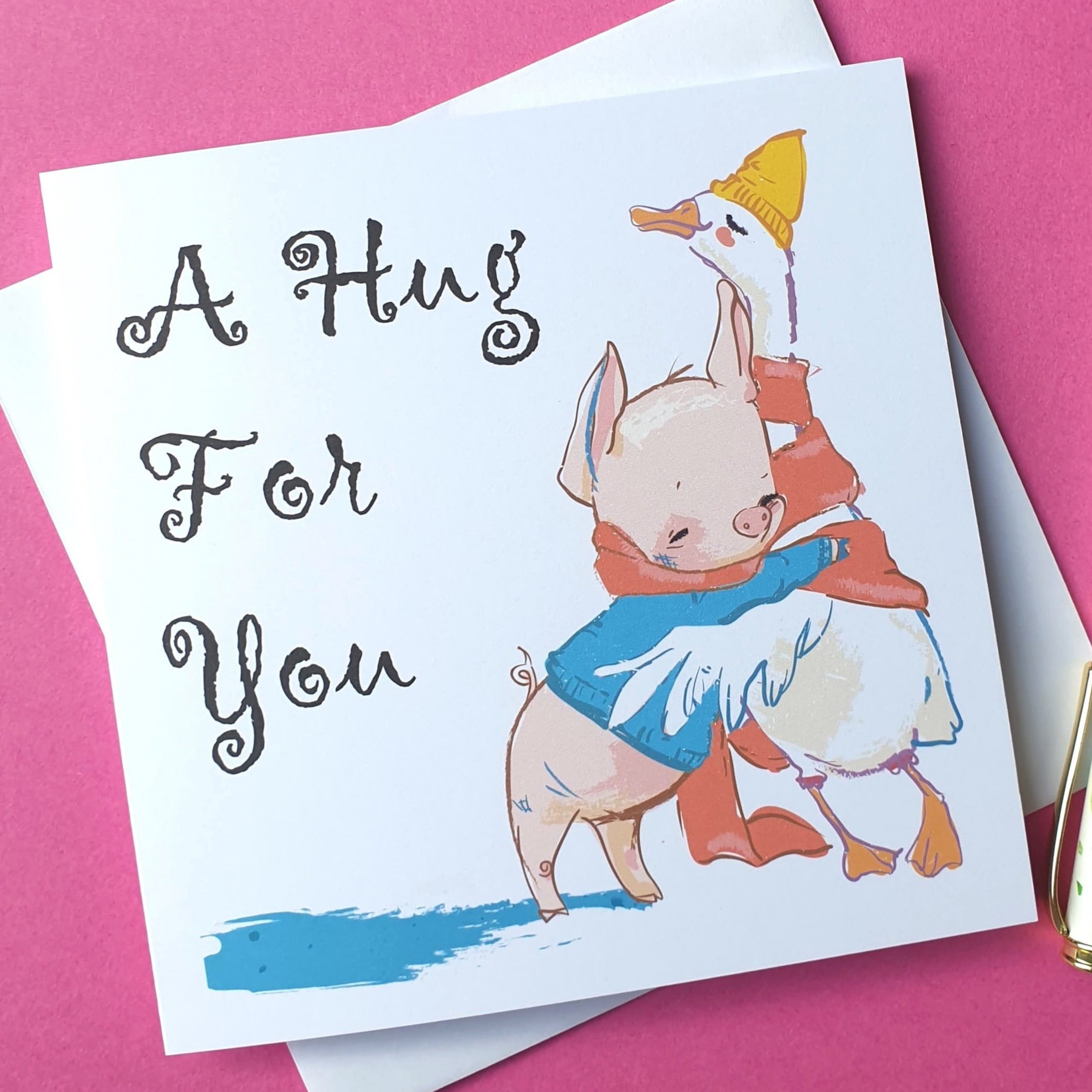 A Hug For You Card - Cute Duck & Pig - Missing You / Thinking of You Main