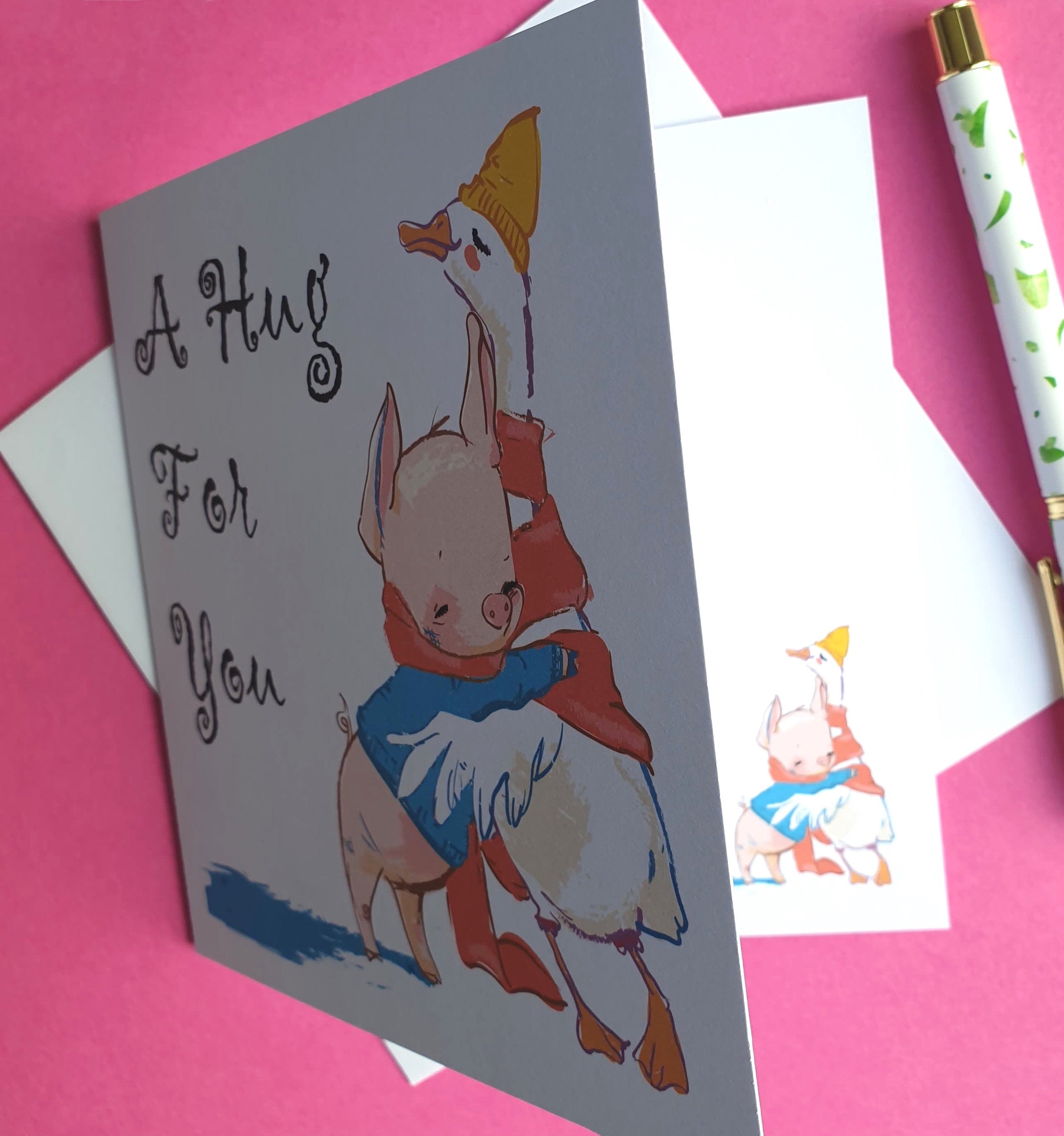 A Hug For You Card - Cute Duck & Pig - Missing You / Thinking of You Side