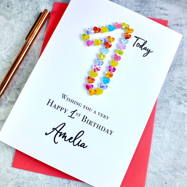 1st Birthday Card - Hearts, Personalised