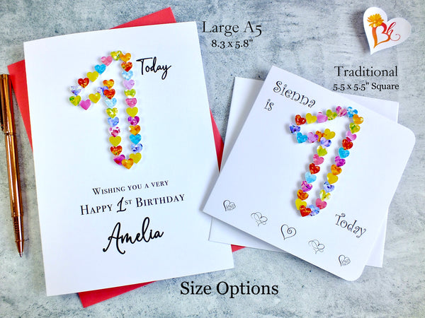 1st Birthday Card - Hearts, Personalised