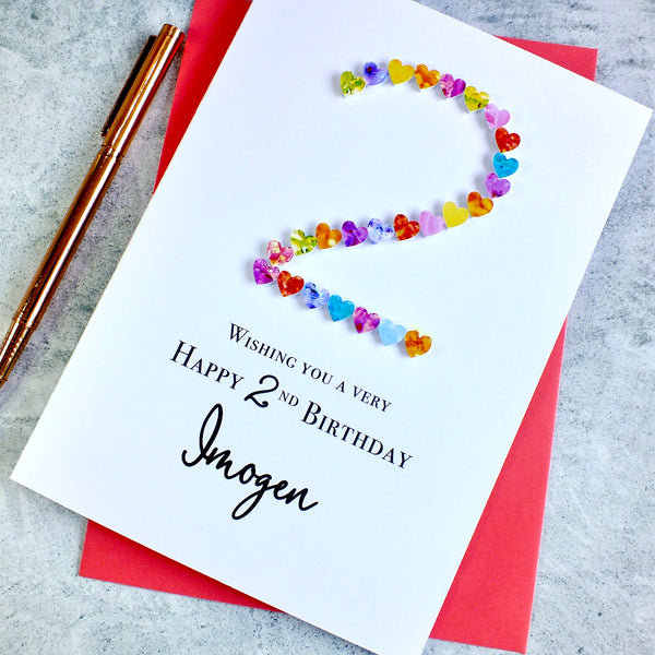 2nd Birthday Card - Hearts, Personalised