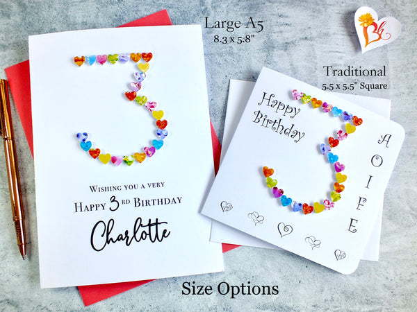 3rd Birthday Card - Hearts, Personalised