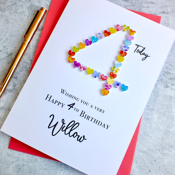 4th Birthday Card - Hearts, Personalised