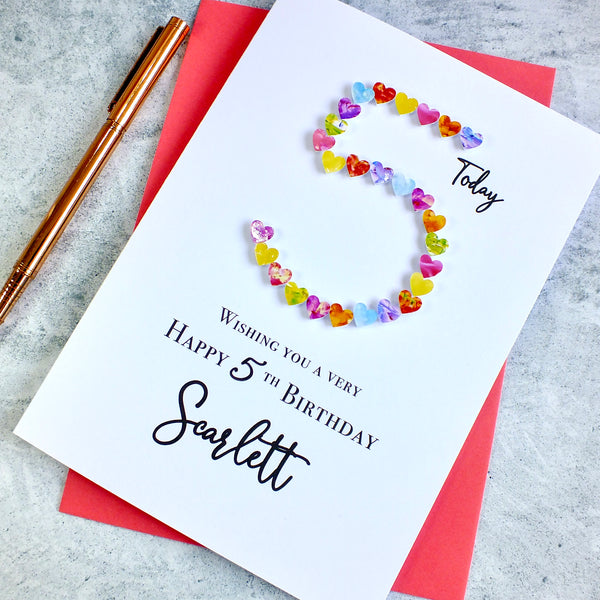 5th Birthday Card - Hearts, Personalised