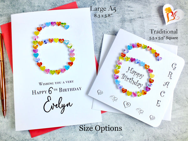 6th Birthday Card - Hearts, Personalised