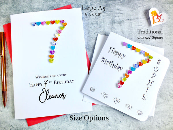 7th Birthday Card - Hearts, Personalised