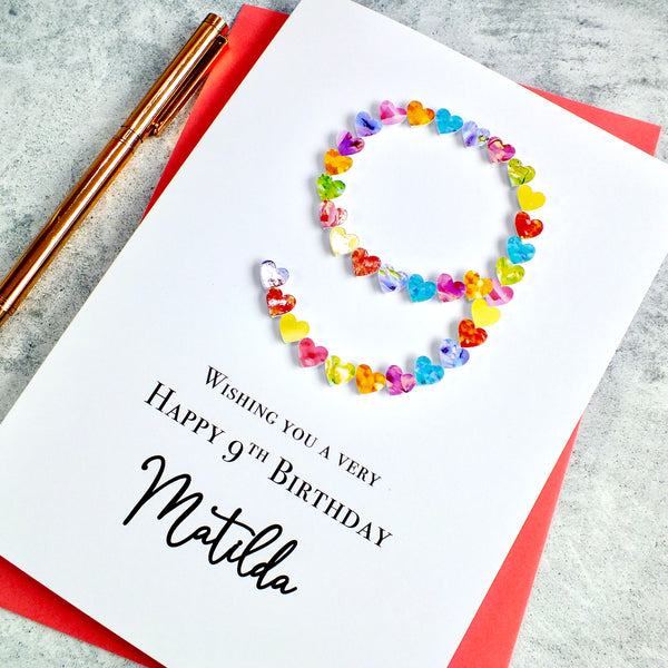 9th Birthday Card - Hearts, Personalised