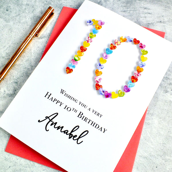 Personalised 10th Birthday Card - Colourful Hearts Design | New Size Options Available | Bright Heart Design