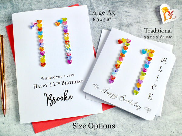 11th Birthday Card - Hearts, Personalised