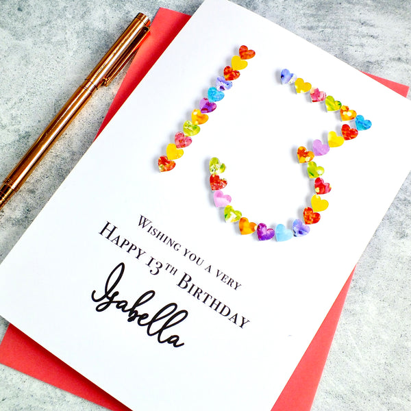Personalised 13th Birthday Card - Colourful Hearts Design | New Size Options Available | Bright Heart Design