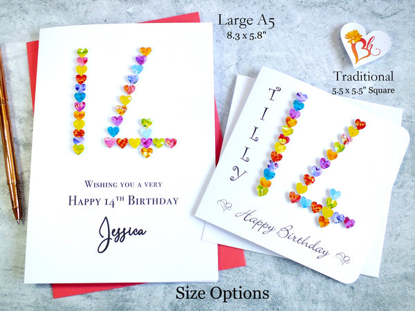 14th Birthday Card - Hearts, Personalised