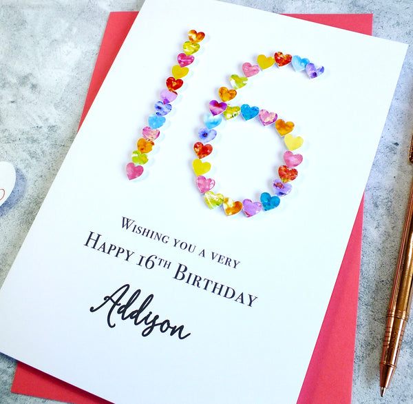 Personalized 16th Birthday Card with Vibrant Hearts - Handmade and Unique | Bright Heart Design