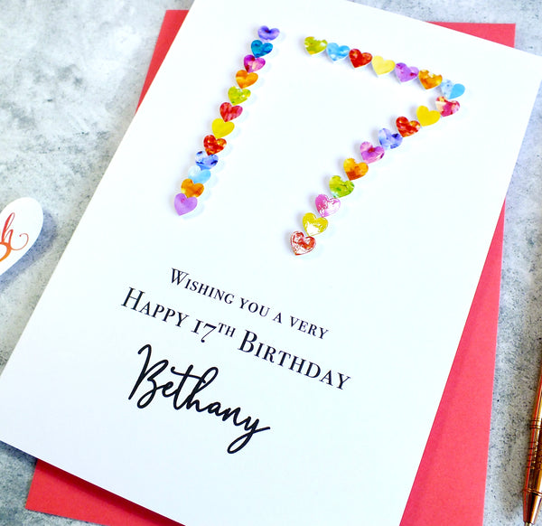 Personalized 17th Birthday Card with Vibrant Hearts - Handmade and Unique | Bright Heart Design