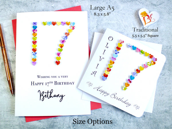 17th Birthday Card - Hearts, Personalised