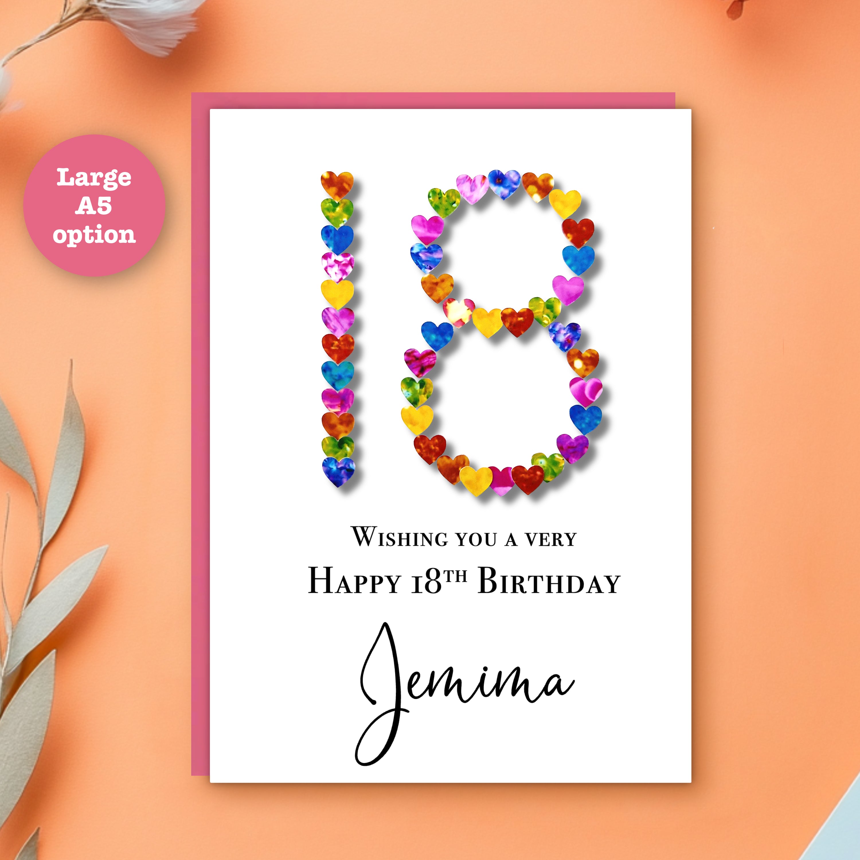 large 18th Birthday card with colourful heart design and personalised name on an orange background