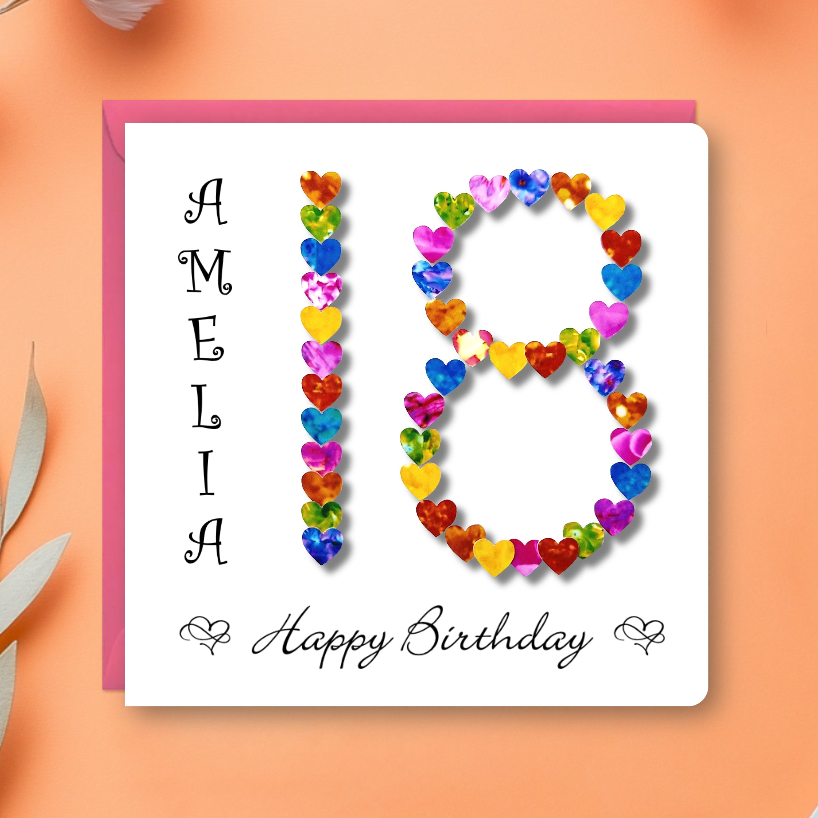 personalised 18th Birthday card with colourful heart design and name 'Amelia' on an orange background