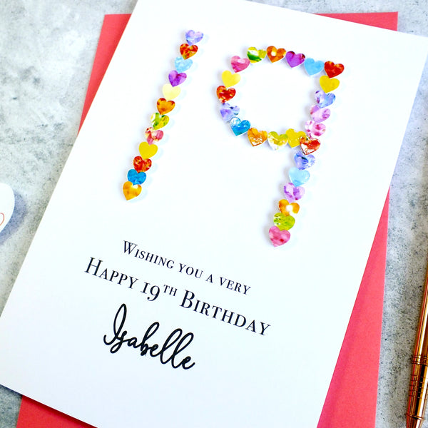 19th Birthday Card - Hearts, Personalised
