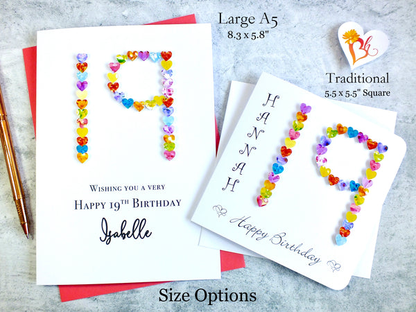 19th Birthday Card - Hearts, Personalised
