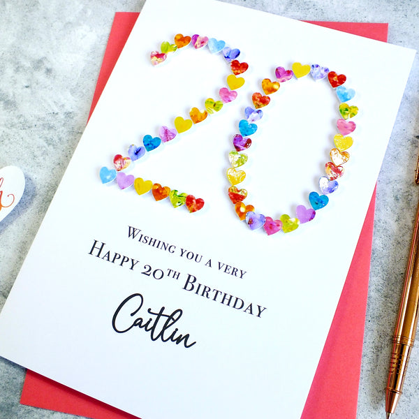 20th Birthday Card - Hearts, Personalised