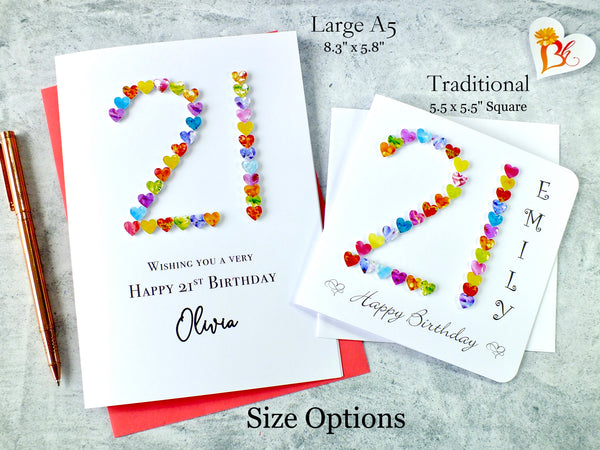 21st Birthday Card - Hearts, Personalised