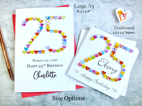 25th Birthday Card -Hearts, Personalised