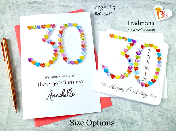 30th Birthday Card - Hearts, Personalised