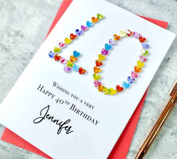 40th Birthday Card - Hearts, Personalised
