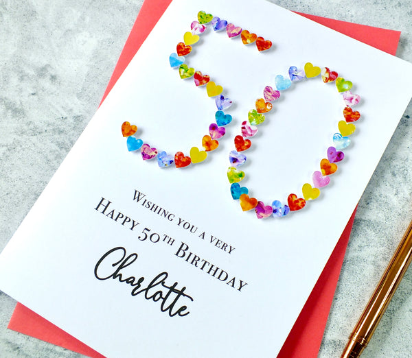 50th Birthday Card - Hearts, Personalised
