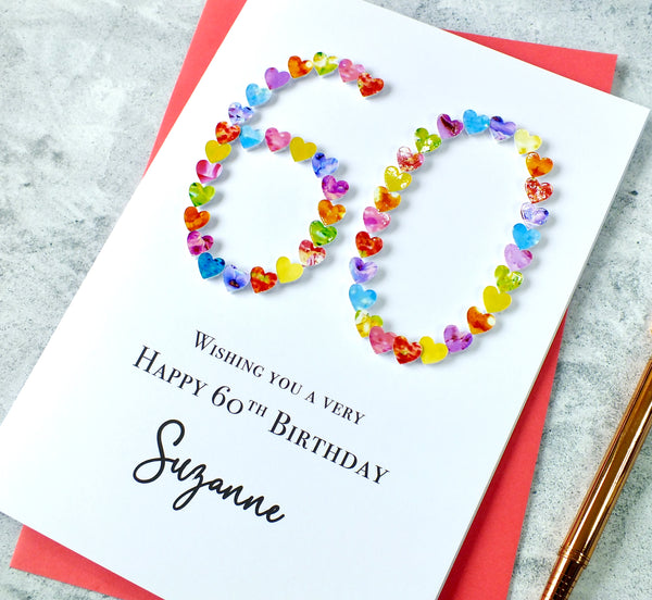 60th Birthday Card - Hearts, Personalised
