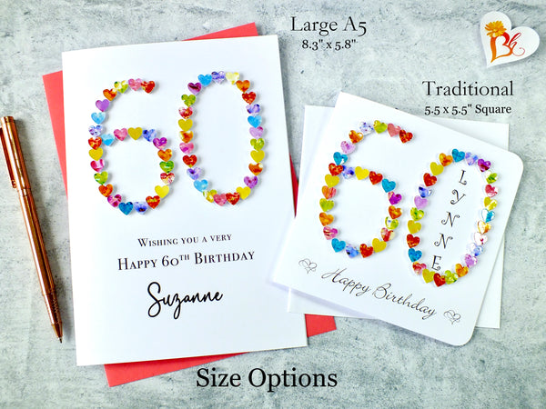 60th Birthday Card - Hearts, Personalised