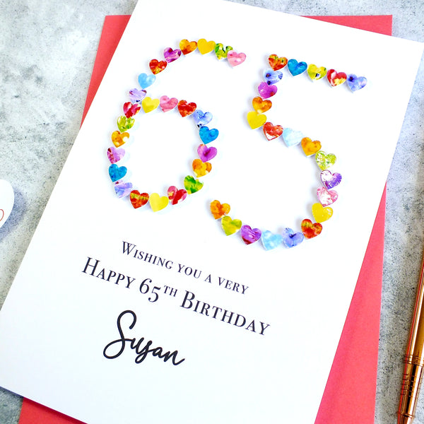 65th Birthday Card - Hearts, Personalised