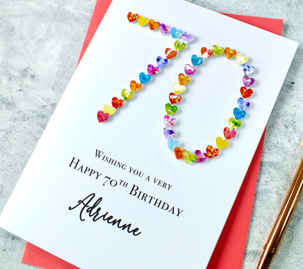 70th Birthday Card - Hearts, Personalised