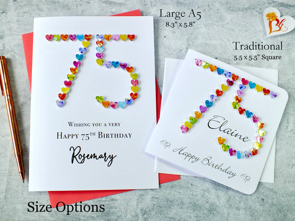 75th Birthday Card - Hearts, Personalised