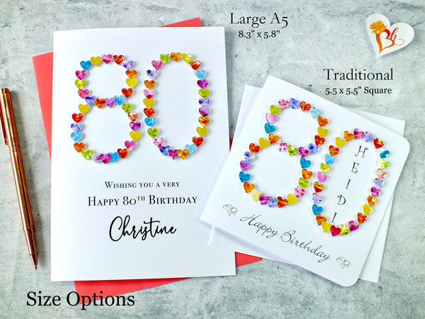 80th Birthday Card - Hearts, Personalised