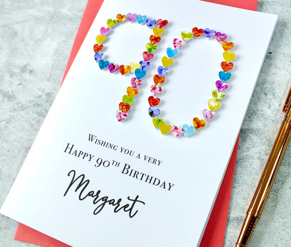 90th Birthday Card - Hearts, Personalised