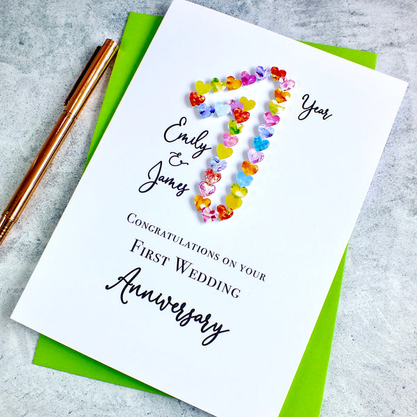 1st Wedding Anniversary Card - Hearts, Personalised