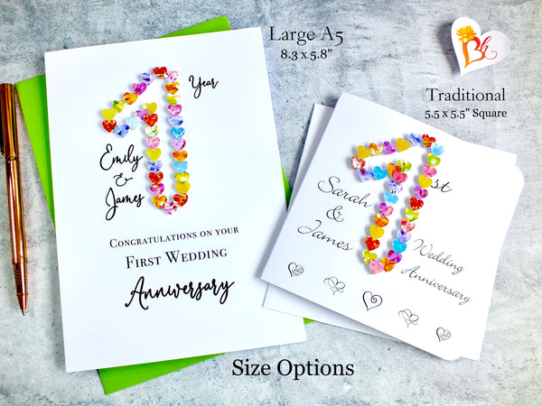 1st Wedding Anniversary Card - Hearts, Personalised
