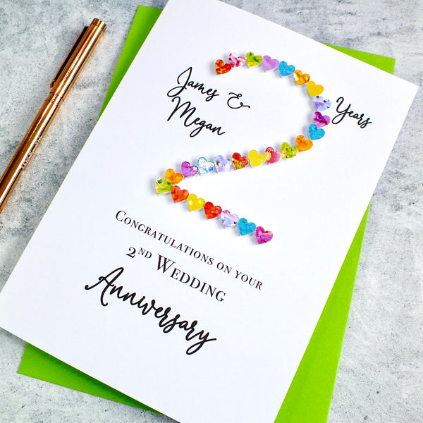 2nd Wedding Anniversary Card - Hearts, Personalised