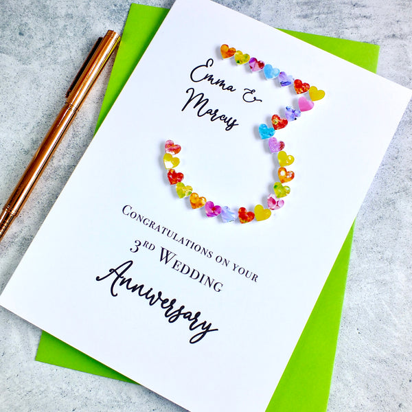 3rd Wedding Anniversary Card - Hearts, Personalised