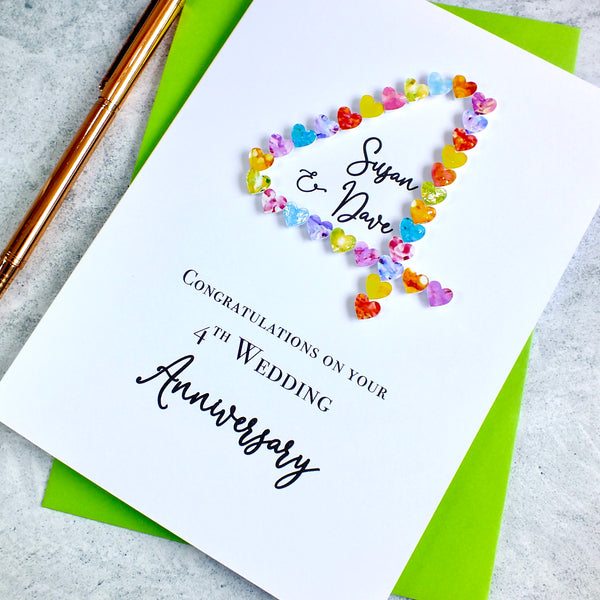 4th Wedding Anniversary Card - Hearts, Personalised