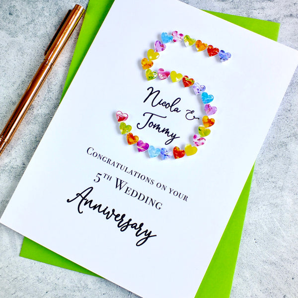 5th Wedding Anniversary Card - Hearts, Personalised