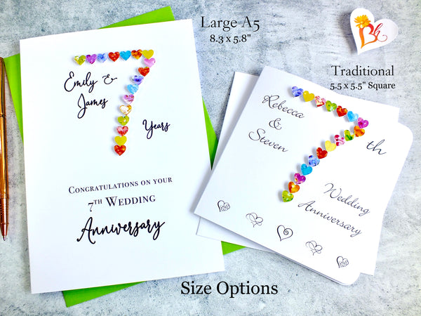 7th Wedding Anniversary Card - Hearts, Personalised