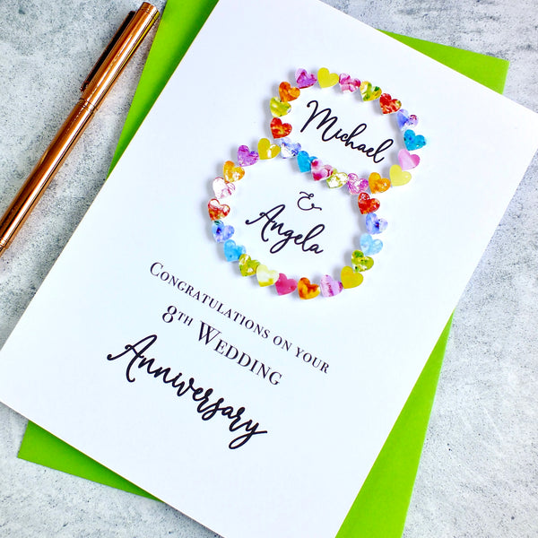 8th Wedding Anniversary Card - Hearts, Personalised