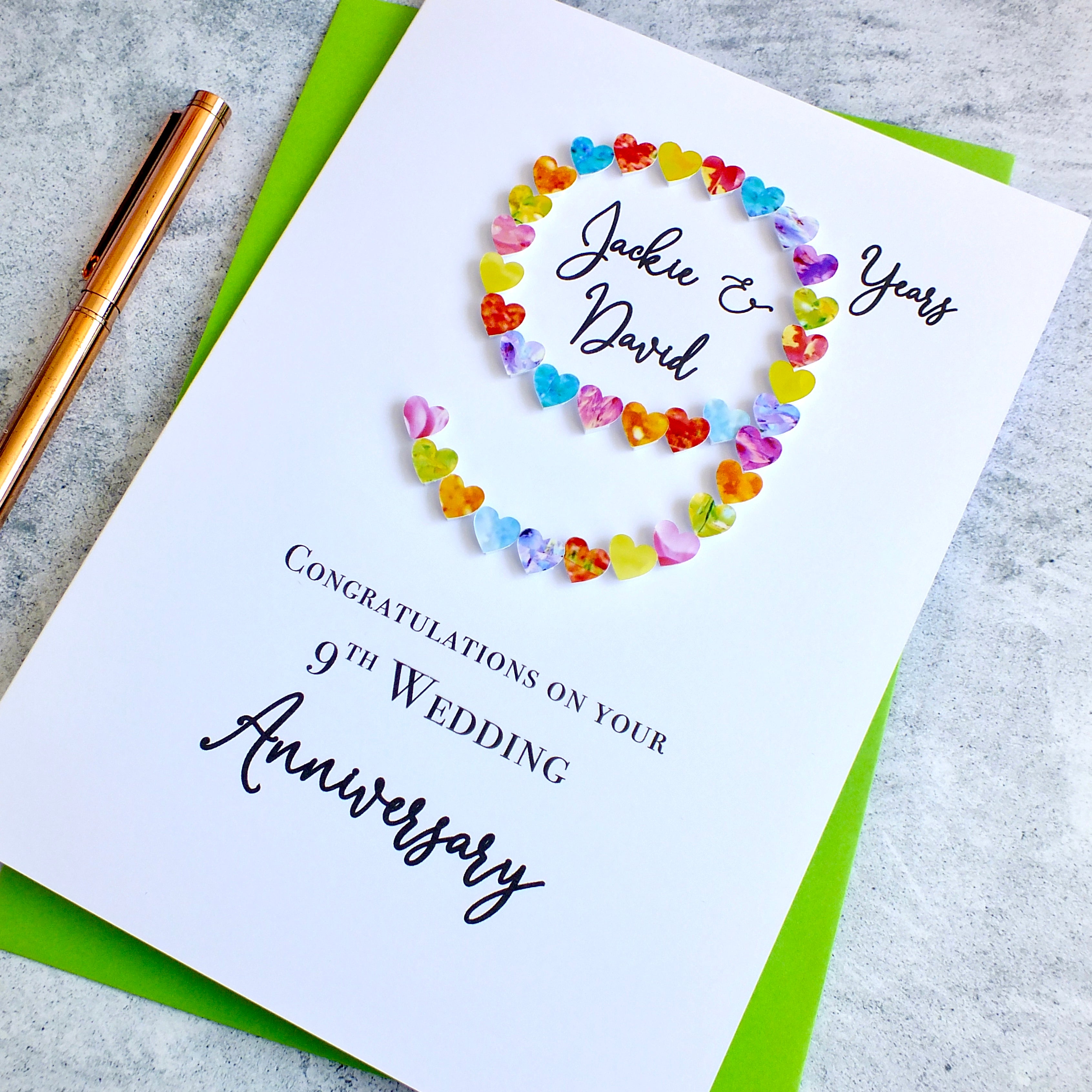 9th Wedding Anniversary Card - Hearts, Personalised