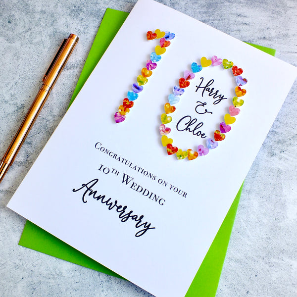 Personalised 10th Wedding Anniversary Card - Hearts Design | New Size Options Available | Bright Heart Design