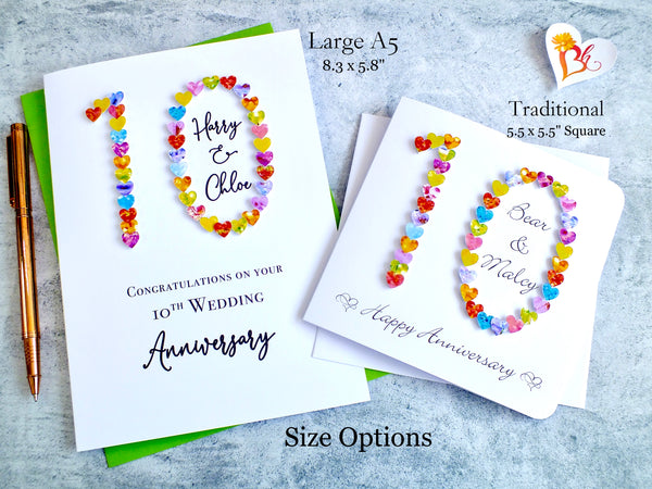10th Wedding Anniversary Card - Hearts, Personalised