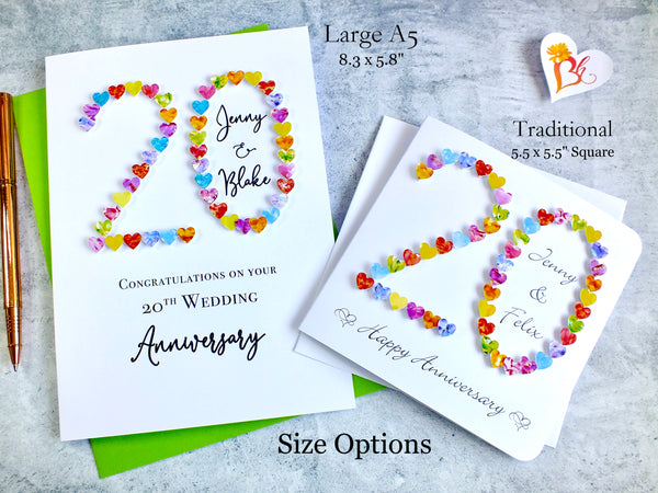 20th Wedding Anniversary Card - Hearts, Personalised
